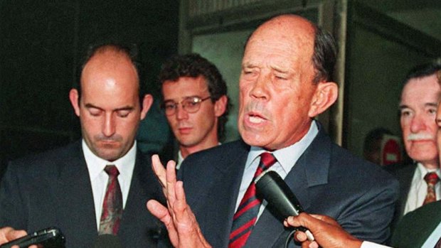 Former South African General Magnus Malan outside court in Durban in 1995. He and 10 other generals appeared over their alleged involvement in the 1987 massacre of 13 people in KwaMakhutha, south of Durban.