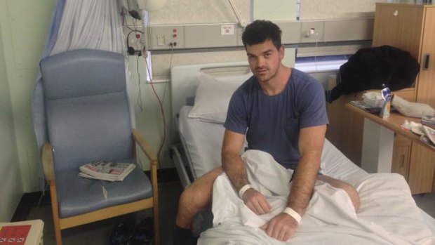 Lucky: Cameron Ciraldo in hospital in Leeds, where he is being treated for damage to his pancreas.