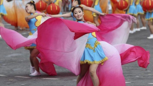 Young dancers perform during National Day celebrations in Taipei, Taiwan on Friday.