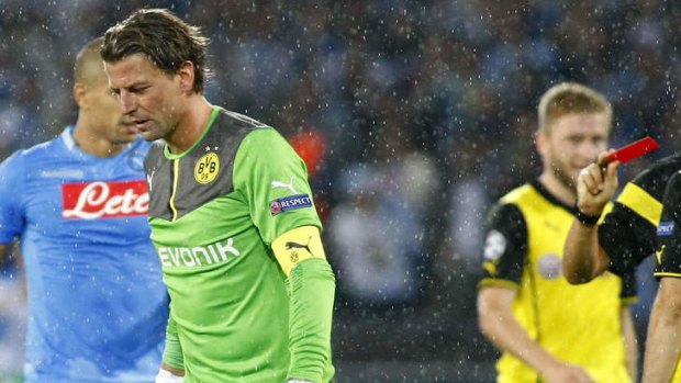 Borussia Dortmund's goalkeeper Roman Weidenfeller receives a red card during the Champions League match against Napoli.