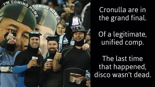 Sharks supporters dressed as Harold Holt to represent rugby league coach Jack Gibson's quote that "waiting for Cronulla to win a premiership is like leaving the porch lamp on for Harold Holt." 