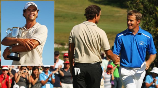 Adam Scott (left) is congratulated by Stuart Appleby after winning the 2009 Australian Open at the New South Wales Golf Club.