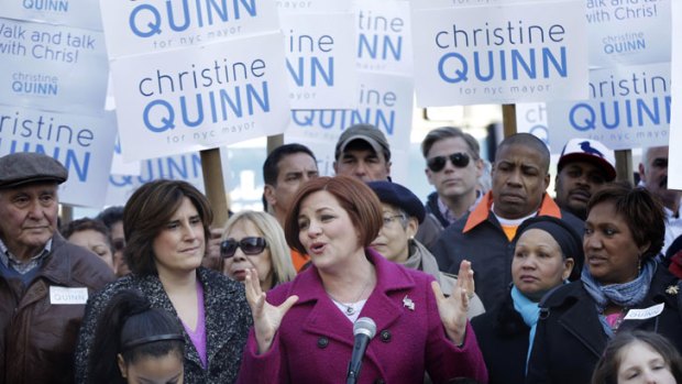 New York City Council speaker and mayoral hopeful Christine Quinn speaks to the media as she announces her mayoral run in New York.
