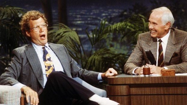 David Letterman appears with his mentor Johnny Carson in 1991. Letterman would go on to surpass Carson as longest-running late show host with 33 years and 6028 episodes. 