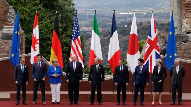 Donald Trump with fellow leaders of the G7 in Sicily at the weekend. The US refused to agree to the position on climate change.
