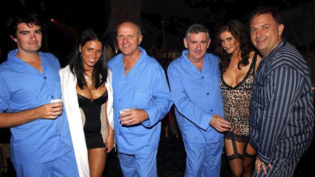 High life ... Sonny Nugent, director Robert McClelland, Micheal Nugent and director Steve Foster with models at the Playboy Mansion.