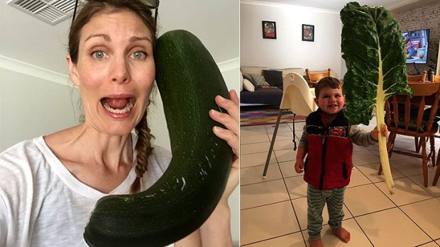Rosemarie's daughter-in-law Clare with a giant zucchini and Claire's son Jethro with the biggest silverbeet leave ever seen.