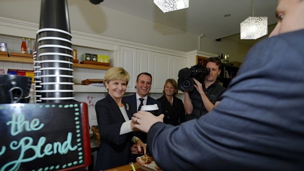 Coffee for votes. Foreign Minister Julie Bishop on the campaign trail with candidate Tim Wilson in Goldstein