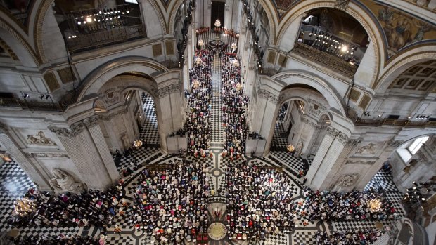 An overhead view of a National Service of Thanksgiving to mark the 90th birthday of Britain's Queen Elizabeth II at St Paul's Cathedral on Friday.
