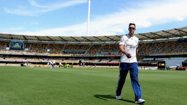 Man in the middle: England's powerhouse batsman Kevin Pietersen strides off the Gabba