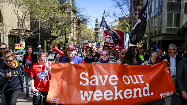 Workers rally to protect weekend penalty rates in Melbourne on Wednesday.