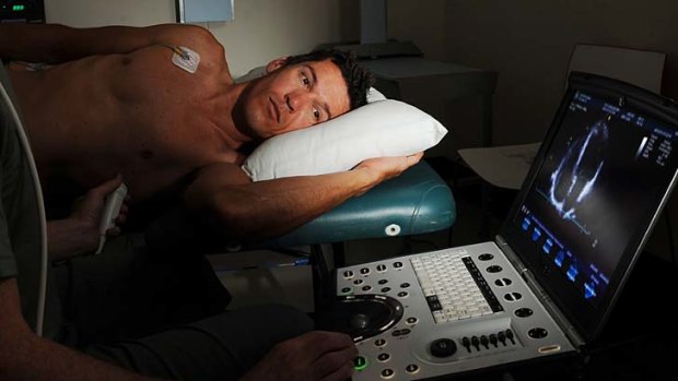 Robbie McEwen, part of the GreenEDGE team, undergoing ultrasonic imaging at the Australian Institute of Sport earlier in the week.