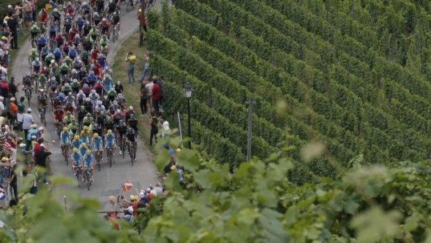 The Tour de France peloton weaves through the vines during the 170-kilometre ninth stage between Gerardmer and Mulhouse on Sunday.