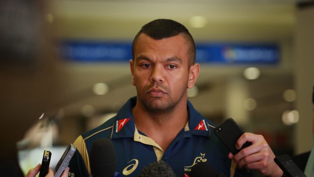 Central figure: Kurtley Beale fronts the media before flying out to join the Wallabies on their spring tour - having been dropped and fined for sending an offensive text to Di Patston.