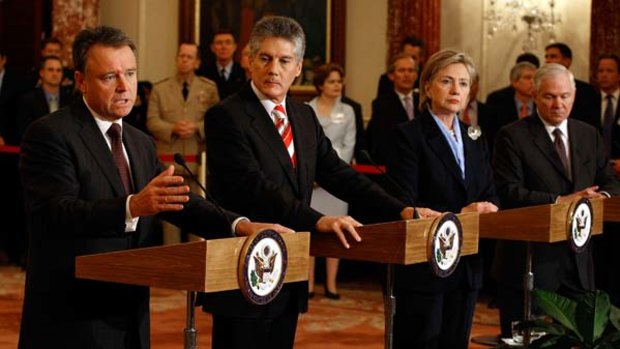 Doubts raised ... Joel Fitzgibbon, as defence minister, with Stephen Smith, the US Secretary of State, Hillary Clinton, and the US Defence Secretary, Robert Gates, in Washington in 2009.