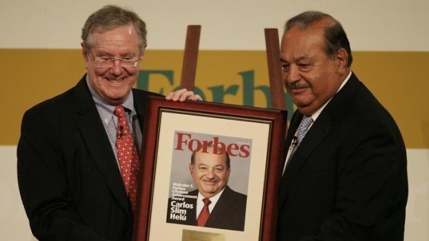 Forbes magazine owner Steve Forbes - worth $US450 million - presents the Malcolm S. Forbes Lifetime Achievement Award to the world's richest man, Carlos Slim Helu.