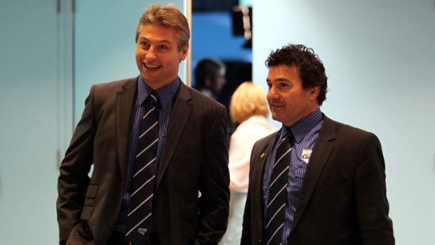 Sacre Bleu ... Luke Ricketson and Benny Elias smartened up for the Origin Legends Blue Tie Ball at Darling Harbour last night.