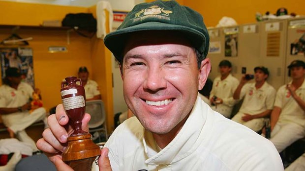 Ricky Ponting poses with a replica Ashes Urn after day five of the third Ashes Test between Australia and England at the WACA on December 18, 2006.