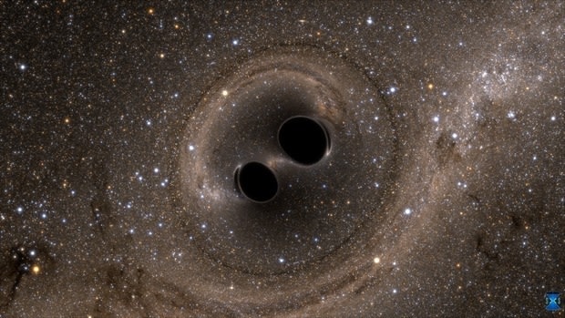 A simulation of two black holes colliding.