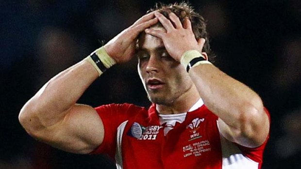 So close ... Leigh Halfpenny reacts after an attempt at goal went just under the crossbar.
