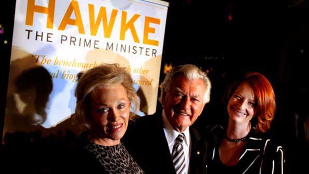 Bob Hawke at the launch of his biography with wife Blanche d'Alpuget and Julia Gillard.