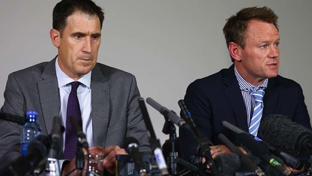 Cricket Australia chief James Sutherland and Pat Howard, executive general manager of team performance, at Monday's press conference.