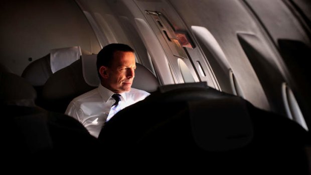 This photo, used in a campaign ad, shows Tony Abbott on the campaign trail flying from Melbourne to Sydney on a private plane.