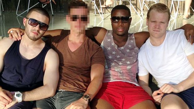 Southern Stars players who have been arrested, Ryan Hervel, left, David Obaze, second from right, and Joe Woolley on holiday in Bali.