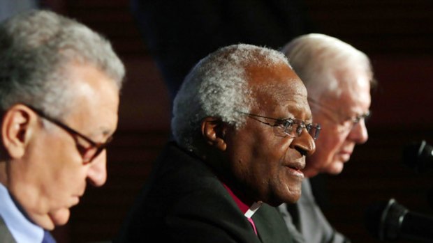 "Elders", from left: former Algerian foreign minister Lakhdar Brahimi, South Africa's Archbishop Desmond Tutu and former US president Jimmy Carter meet in Nicosia to discuss unifying Cyprus.