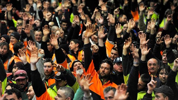 Popular vote: CFMEU members at Festival Hall approve a new work agreement that will give a labourer $123,000 for a 56-hour week.