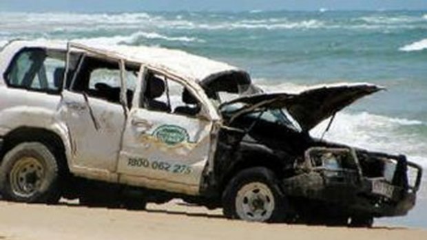 The car that crashed on Fraser Island on Sunday, killing one tourist and injuring seven.
