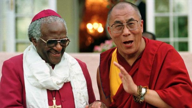 Archbishop Desmond Tutu and the Dalai Lama meet in easier times.