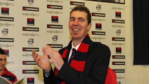 Jim Stynes celebrates after a Melbourne win. <i>Picture: Justin McManus</i>