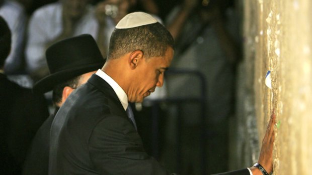 Democratic presidential contender Barack Obama prays at the Western Wall, Judaism's holiest site, in Jerusalem's Israeli-occupied Old City.