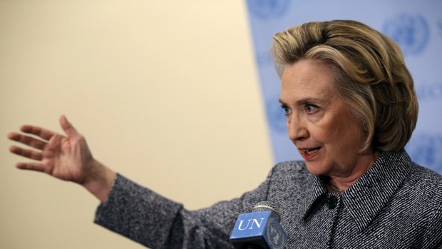 Hillary Clinton makes a point at a packed press conference at the United Nations building in New York on Tuesday.