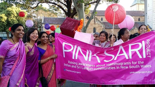 Women march for the Pink Sari Project at the Parramasala festival. 