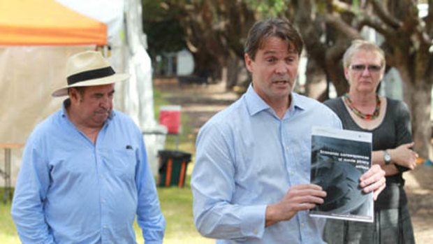 Actor Roy Billing, left, with executive director of AFACT Neil Gane, centre, and film producer Antonia Barnard, right, announcing a $1.3b loss to the movie industry in a twelve-month period.