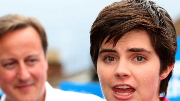 Conservative Party leader David Cameron looks towards new  MP Chloe Smith after her byelection win.
