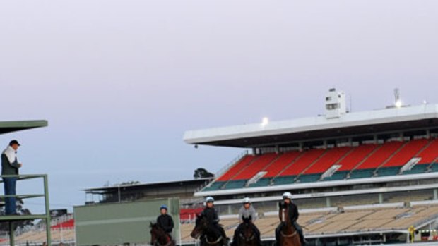 Horses work on a wet track at Flemington after heavy rain hit the course earlier this month.