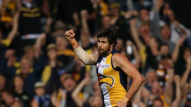 PERTH, AUSTRALIA - SEPTEMBER 26:  Josh Kennedy of the Eagles celebrates a goal during the AFL Second Preliminary Final match between the West Coast Eagles and the North Melbourne Kangaroos at Domain Stadium on September 26, 2015 in Perth, Australia.  (Photo by Paul Kane/Getty Images)