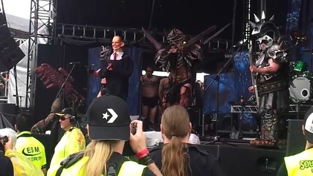 A cartoonish looking Tony Abbott joins the Gwar stage at Soundwave.