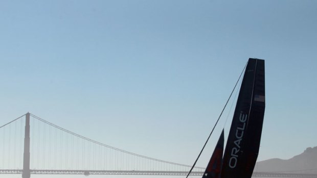 Next stop, Alcatraz ... James Spithill helps trial a wing-sailed AC45 on San Francisco Bay, where the America’s Cup races will be held in 2013.