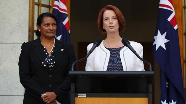 Former prime minister Julia Gillard pictured announcing she'd asked Nova Peris to seek Labor preselection for the Senate in the NT.