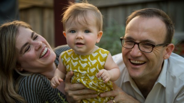 Federal Greens MP Adam Bandt with wife Claudia Perkins and their daughter Wren.