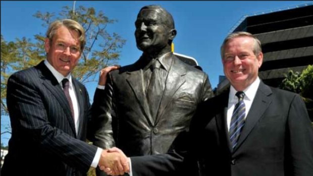 Richard Court with a statue of his father Charles and former premier Colin Barnett. 