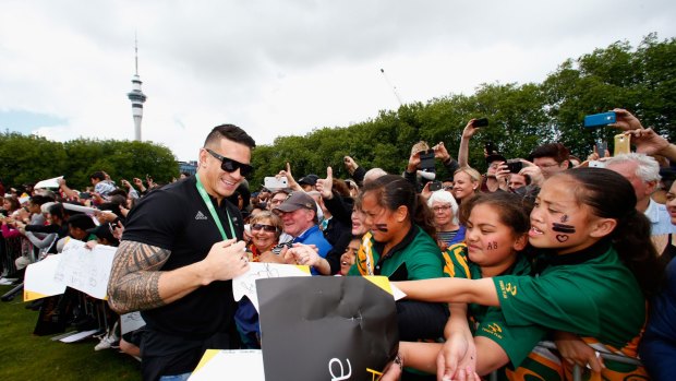 Celebration: Sonny Bill Williams meets fans at a welcome home function for the All Blacks.