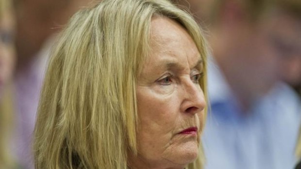 June Steenkamp, mother of the late Reeva Steenkamp, listens in the public gallery, as Oscar Pistorius answers questions.