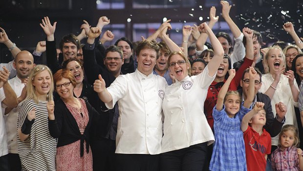 Sweet victory ... MasterChef Kate Bracks celebrates with Michael, their families and the rest of the show's contestants and guests.