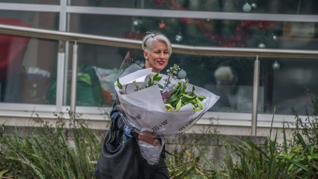ABC Radio Canberra announcer Genevieve Jacobs leaving ABC headquarters in Wakefield Avenue, Dickson on Wednesday after announcing on-air the ABC no longer required her services.