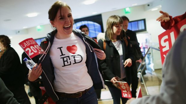 A Labour supporter flashes her 'I love Ed' t-shirt.